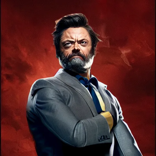 Image similar to x - men wolverine in suit played by nick offerman, logan marvel movie still, detailed 8 k, poster style, high resolution, accurate proportions