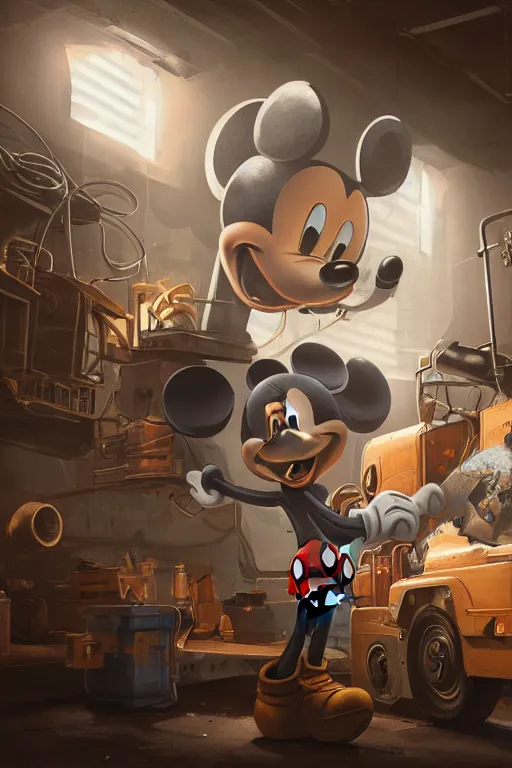 Image similar to workers / mechanic working on mickey mouse giant head, low cinematic lighting, front lit, beeple, cgsociety, unreal engine, octane render, trending on art station, highly detailed 4 k art, intricate, hyperr realistic