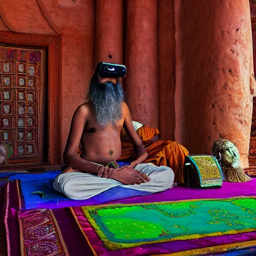 Image similar to An Indian Sadhu Saadhu wearing a cyberdelic psychedelic Oculus virtual reality headset sitting on a rug in a Dravidian temple, psionic powers