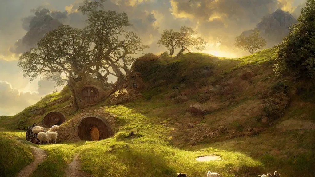 Prompt: a beautiful painting of hills in the shire with round hobbit doors and windows in them, with a young hobbit shepherd driving fat sheep, at sunrise, intricate, elegant, highly detailed, digital painting, artstation, concept art, by krenz cushart and artem demura and alphonse mucha