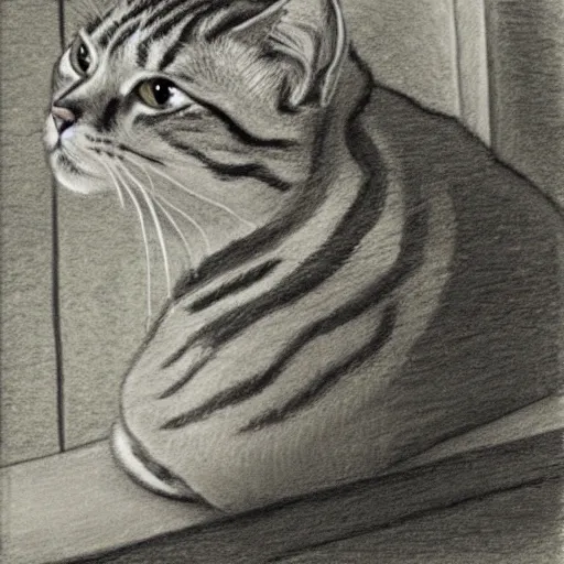 Image similar to a tabby cat named clarence laying on a table looking out the window, it is a sunny day, in the style of a hand drawn pencil sketch