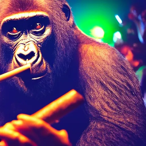 Prompt: gorilla dj dance party in a club listening to bustah rhymes holding a cigar, high quality, high definition, photo realistic, dance lights