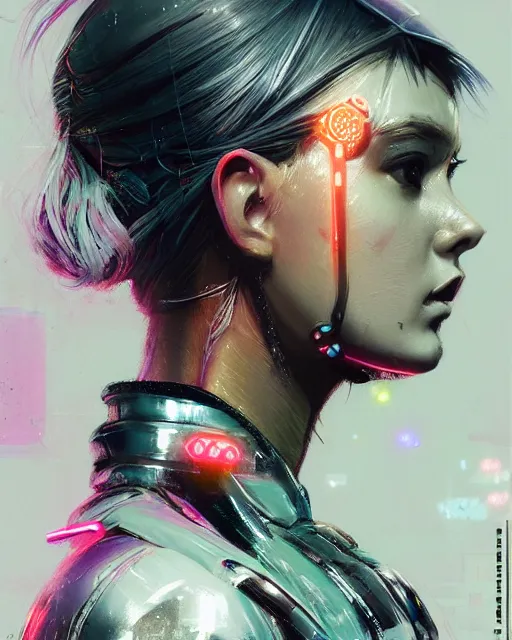 Image similar to detailed side profile portrait Neon Operator Girl, cyberpunk futuristic neon, reflective puffy coat, decorated with traditional Japanese ornaments by Ismail inceoglu dragan bibin hans thoma greg rutkowski Alexandros Pyromallis Nekro Rene Maritte Illustrated, Perfect face, fine details, realistic shaded, fine-face, pretty face