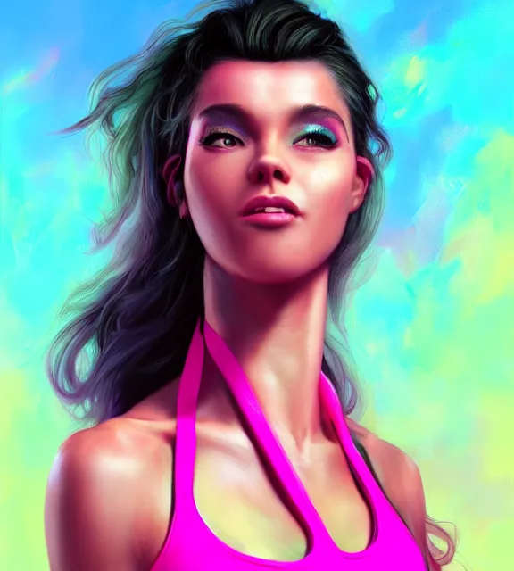 Prompt: female aerobics instructor, perfect face, 1 9 8 0 s hairsprayed hair, hot pink halter top, flowing hair, fit, cinematic, blush, stunning, agile, highly detailed, digital painting, artstation, smooth, hard focus, illustration, art by jessica rossier and and brian froud