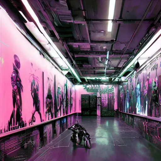 Prompt: cyberpunk inner gallery, iridescent tv repair shops, cybernetic body parts shops, pink noir matte painting by raoul ruiz, yoji shinkawa and esao andrews