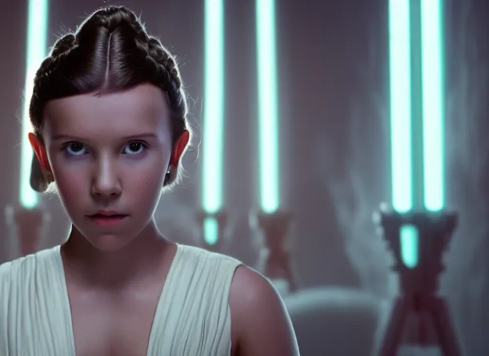 Prompt: film still of millie bobby brown as princess leia in star wars movie, long braided hair pulled back, closeup portrait, wearing long white robe in a science fiction ivy golden red royal temple, deep focus, glamour pose, dramatic lighting, octane, mist, volumetric lighting, 8 k