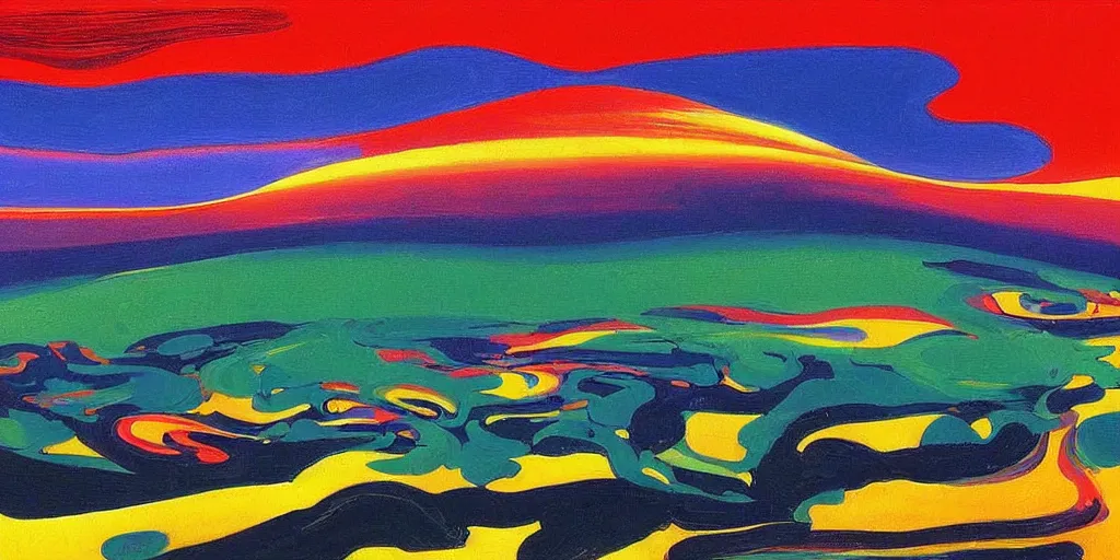 Image similar to Psychedelic sci-fi dreamworld. Landscape painting. Organic. Winding rushing water. Waves. Clouds. Wayne Thiebaud. Peter Max.