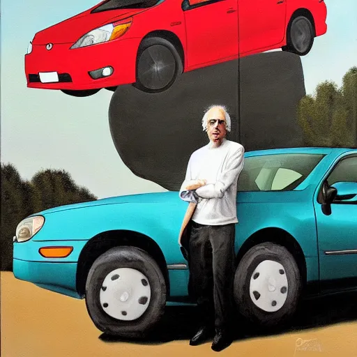 Prompt: larry david standing on roof of 2009 prius, worhol painting