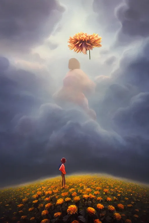 Image similar to perspective giant dahlia flower as head, girl standing on mountain, surreal photography, blue storm clouds, dramatic light, impressionist painting, digital painting, artstation, simon stalenhag