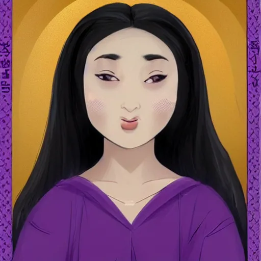 Image similar to zi di had a head of curvy black hair, and her pale skin glistened with sweat, giving her a delicate appearance. her features were defined, and she had a beautiful smile beyond the ordinary. the most attractive part of her was her big, purple eyes, shining like clear amethyst.