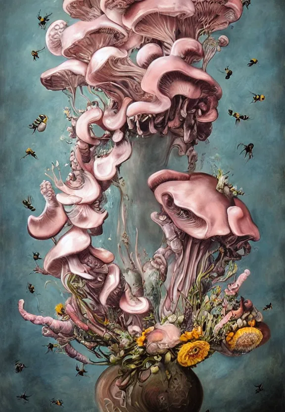 Prompt: a biomorphic painting of a vase with flowers and eyeballs in it, a surrealist painting by marco mazzoni, by dorothea tanning, pastel blues and pinks, pink oyster mushrooms, bees, featured on artstation, metaphysical painting, oil on canvas, fluid acrylic pour art, airbrush art, seapunk, rococo, lovecraftian