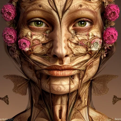 Image similar to face portrait of a beautiful woman, 150 mm, anatomical, flesh, flowers, mandelbrot fractal, veins, arteries, symmetric, intricate, golden ratio, full frame, microscopic, elegant, highly detailed, ornate, ornament, elegant , luxury, beautifully lit, ray trace, octane render in the style of peter Gric , alex grey and Romero Ressendi