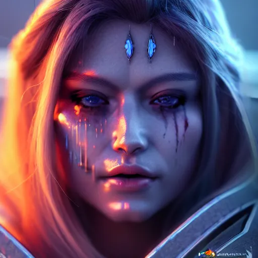 Image similar to ( ( ( ( ( hyperrealist distant portrait of sylvanas windrunner on a blue planet where it rains colors. ) ) ) ) ) by bayard wu, fantasy, photorealistic, octane render, unreal engine, dynamic lighting, trending on artstation, poster, volumetric lighting, very detailed faces, 4 k, award winning