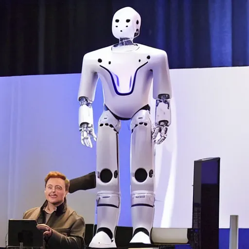 Prompt: elon musk standing and smiling in a headless robot costume. ai day