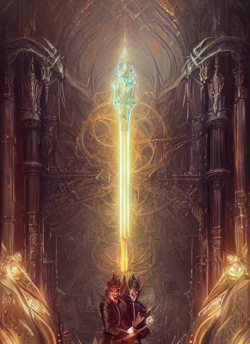 Prompt: legendary sword of technology, ornate gothic baroque spikes, glowing seams, detailed realistic, ray tracing, colored gems, art by wlop and greg rutkowski and artgerm