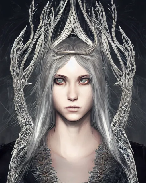 Image similar to portrait of a beautiful female hunter with shimmering hair, symmetrical face and eyes, dressed in intricate silver, cgsociety, Elden Ring, Dark Souls, Bloodborne