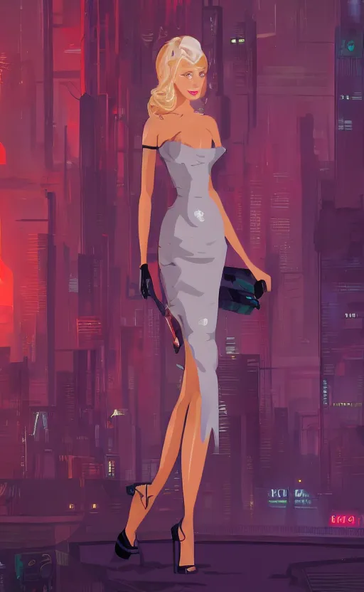 Prompt: a cartoonish portrait of a sexy beautiful blonde woman wearing a cocktail dress, with long hair, in a futuristic blade runner city, illustration art by Sam Yang, Pixar, trending on Artstation, 8K