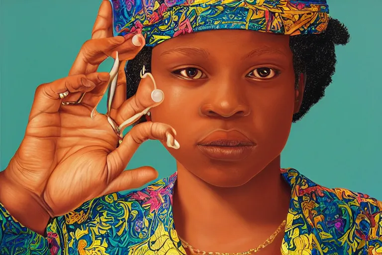 Image similar to a girl pirate with iridescent skin by kehinde wiley