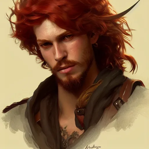 Image similar to portrait of a young rugged pirate, male, masculine, upper body, red hair, long hair, d & d, fantasy, intricate, elegant, highly detailed, digital painting, artstation, concept art, matte, sharp focus, illustration, art by artgerm and greg rutkowski and alphonse mucha