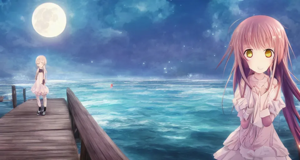 Image similar to one anime girl standing on a pier with the ocean as background at twilight, her blue shiny detailed eyes are looking at the camera, cute, big moon above the water, colorful, magical, detailed face, 8k, based on Puella Magi Madoka Magica