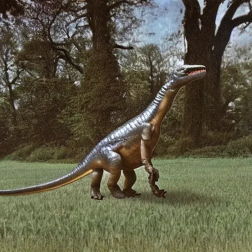 Prompt: a photo taken in 1 9 3 3 that has been colorized of a real dinosaur walking in the park