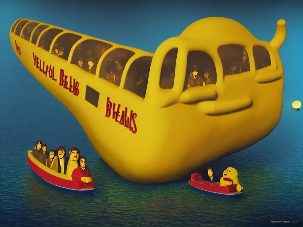 Prompt: yellow submarine by the beatles, photorealistic painting, cgi, low volumetric light, movie still, very cute and cozy and fluffy and sweet