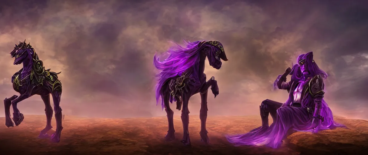 Image similar to a undead mage lord sitting on a purple pony scarab lord dramatic lighting cinematic establishing shot extremely high detail foto realistic cinematic lighting post processed