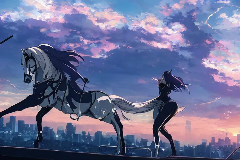 Image similar to beyonce dressed as a ninja riding a crystal horse on a harlem rooftop, highly detailed, 4k resolution, lighting, anime scenery by Makoto shinkai