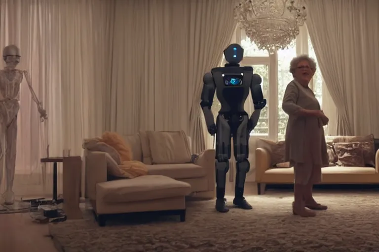 Image similar to VFX movie portrait of happy old woman stand-off with futuristic robot in a decadent living room by Emmanuel Lubezki