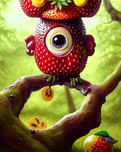 Image similar to portrait of a cute fruit figurine monster made of different fruit, standing in a forest, staring wide open eyes, open mouth, very detailed eyes, trees in the background, sunlight, oil painting, highly detailed, dramatic lighting, hyperrealistic, 8 k, smooth, intricate, artstation, cgsociety, by artgerm, by wlop