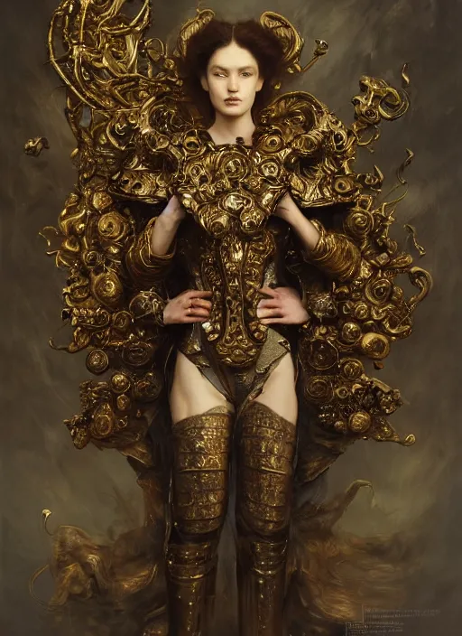 Image similar to highly detailed oil painting | very intricate | cinematic lighting | award - winning | football baroque armor fashion by alexander mcqueen | by roberto ferri, by tom bagshaw, by j. c. leyendecker and klimt, american romanticism, by austin osman spare, artstation, cgsociety, official art, octane