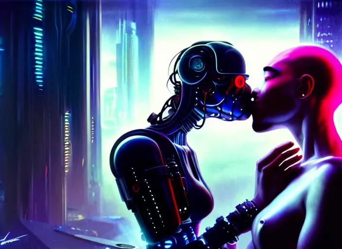 Image similar to cyberpunk, sci - fi, fantasyultra realistic medium shot of a couple of cyborgs kissing, lovers, kodak, colour led, soft light, volumetric lighting, night, intricate, highly detailed, digital painting, concept art, smooth, sharp focus, illustration, art by artgerm and greg rutkowski and alphonse mucha