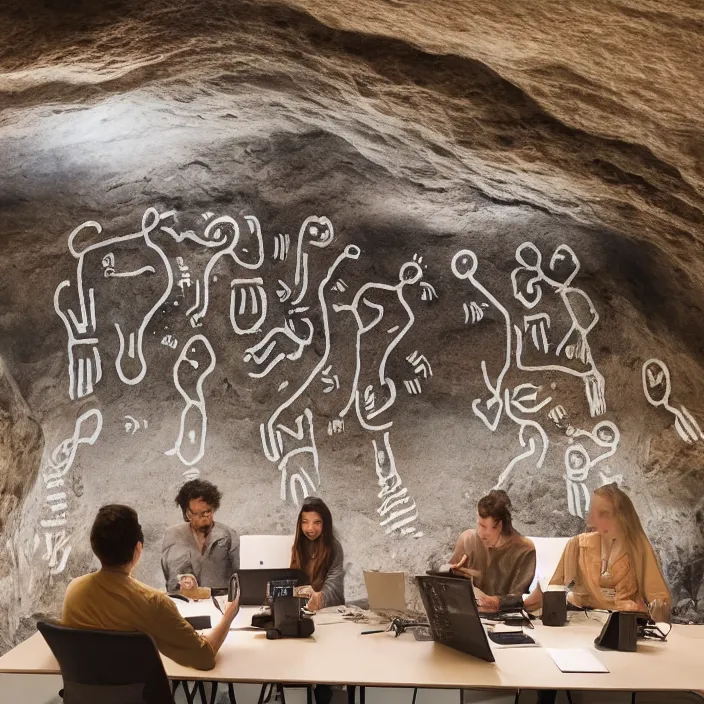 Image similar to hyperrealistic photo of a coworking space in a cave with cave drawings on it, hd