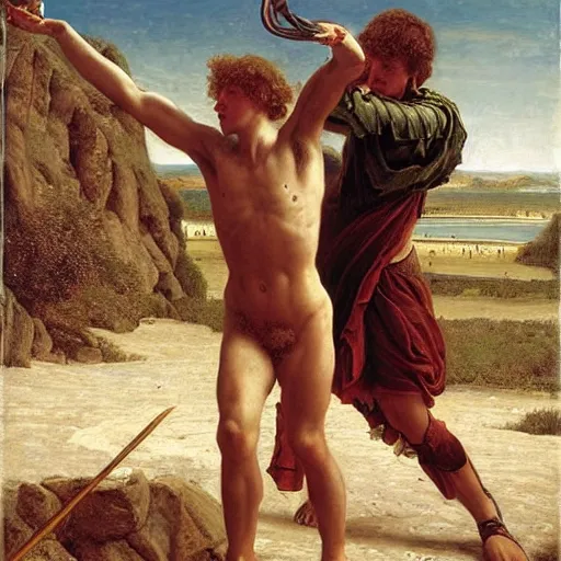 Prompt: david fights goliath with his sling, award winning painting by edward poynter