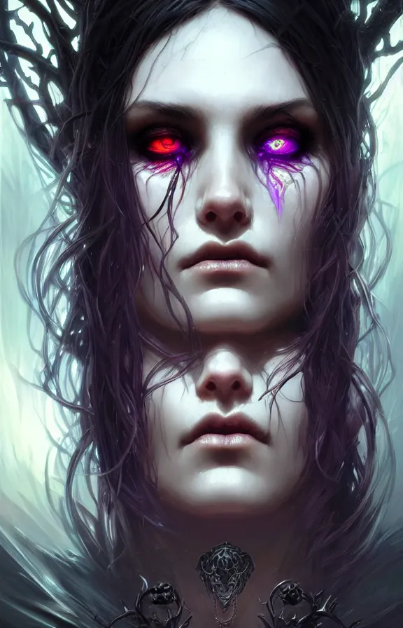 Image similar to Necromancer Sorceress face close-up macro in center, fantasy magic, undercut hairstyle, dark light night, intricate, elegant, sharp focus, illustration, highly detailed, digital painting, concept art, matte, art by WLOP and Artgerm and Greg Rutkowski and Alphonse Mucha, masterpiece