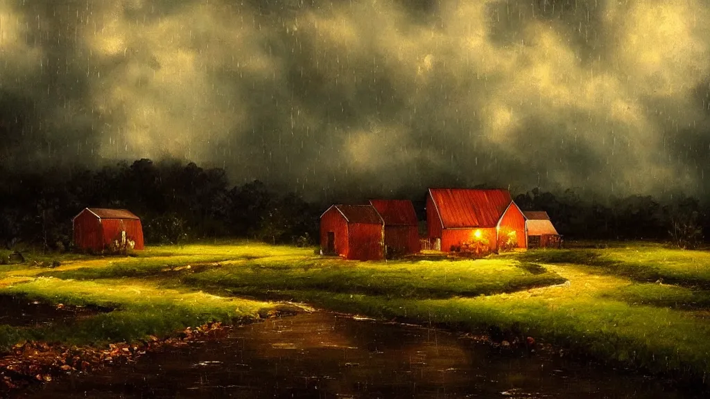 Image similar to the most beautiful landscape, oil painting, a farm, raining, at night, cinematic lighting, highly detailed, very realistic