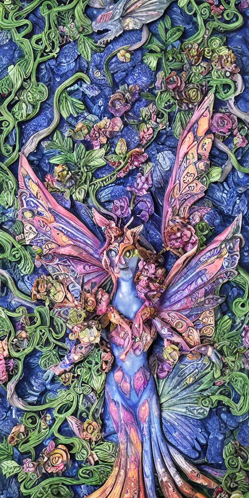 Prompt: intricate colourfully painted carved Soapstone relief paneling of a fairy dragon, faerie, silver and sapphire, mythical, vibrant vegetation, trees, flowers, colorful vines, dark atmosphere, bright colors, vivid colors, Ghostly, Dark toned, ornate, mystical, fantasy, crystaline celtic, insanly detailed , trending on artstation, wallpaper, hyper realistic, realistic lighting, ambient occlusion, 8k, unreal engine, octane render, HDR, HD, award winning, featured, VFX, CGI, matching colors, color theory