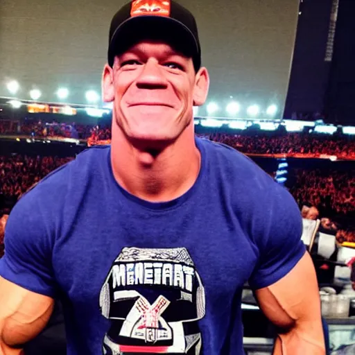 Image similar to john cena wearing montreal opus card merchandise