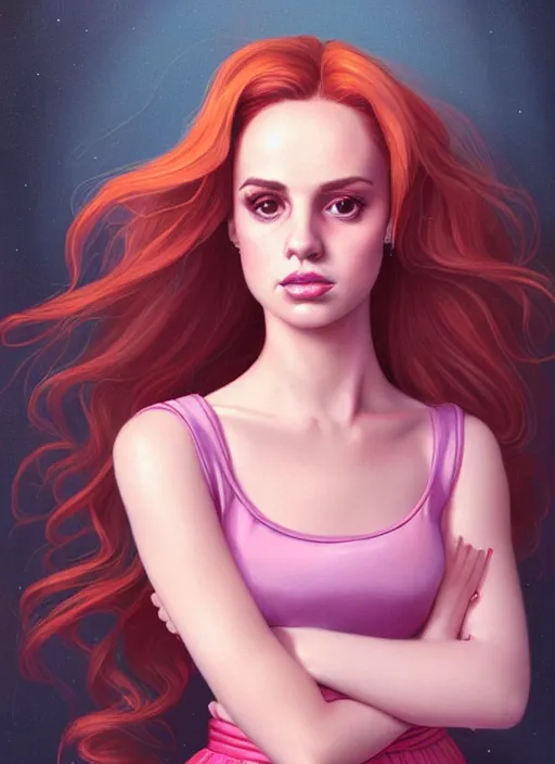 Image similar to full body portrait of teenage cheryl blossom, bangs, green eyes, sultry expression, red hair, sultry smirk, bangs and wavy hair, pink skirt, bangs, intricate, elegant, glowing lights, highly detailed, digital painting, artstation, concept art, smooth, sharp focus, illustration, art by wlop, mars ravelo and greg rutkowski