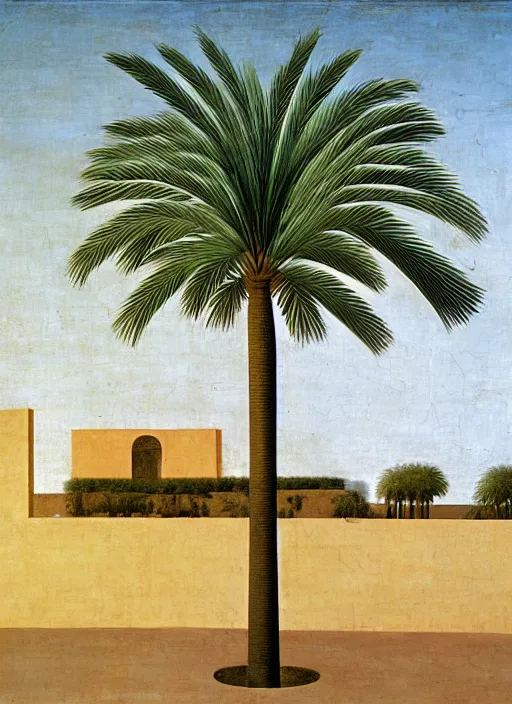 Prompt: realistic and geometrically precise painting of a palm tree painted by piero della francesca, high quality, no blur, 4 k