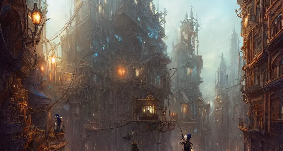 Prompt: landscape painting of fantasy metal steampunk city that has a light blue glow with walkways and lit windows and you can very clearly see a fine detailed hooded thief in browns leathers climbing one of the tall buildings using a rope, fine details, magali villeneuve, artgerm, rutkowski