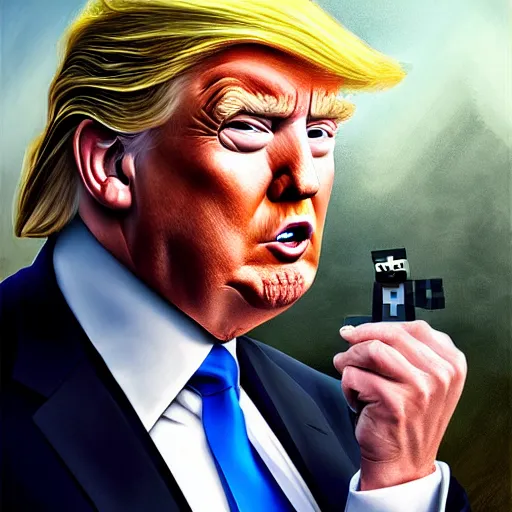 Prompt: donald trump as steve from minecraft, digital painting, extremely detailed, 4 k, intricate, brush strokes, mark arian, artgerm, bastien lecouffe - deharme