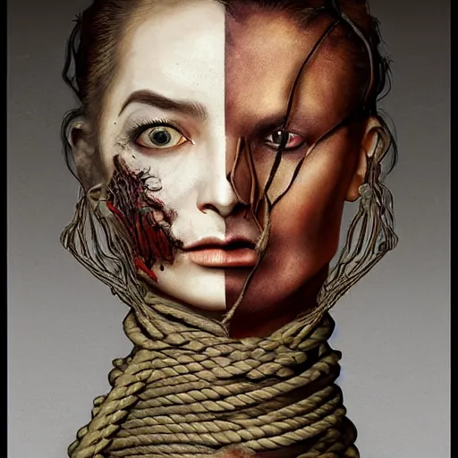 Image similar to portrait of a Shibari rope wrapped face and neck, headshot, insanely nice professional hair style, dramatic hair color, digital painting, of a old 15th century, old cyborg merchant, amber jewels, baroque, ornate clothing, scifi, realistic, hyperdetailed, chiaroscuro, concept art, art by Franz Hals and Jon Foster and Ayami Kojima and Amano and Karol Bak,