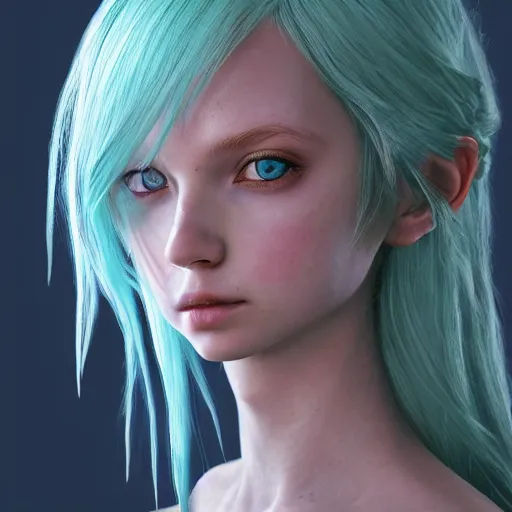 Image similar to portrait of young girl half dragon half human , dragon skin, dragon eyes, dragon crown, blue hair, long hair, highly detailed 3D render, 8k, rpg concept art character, jrpg character, manga, anime, video game character, concept art, by Yoshitaka Amano and David Lynch