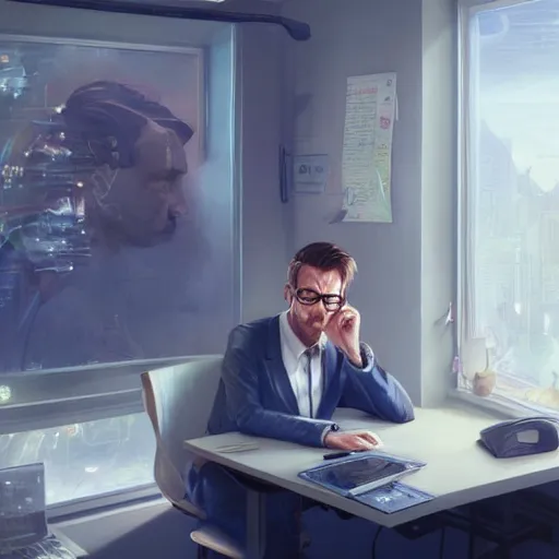 Prompt: a tired man with glasses in an office in front of a computer from distance highly detailed, digital painting, artstation, concept art, smooth, sharp focus, illustration, art by artgerm and greg rutkowski and alphonse mucha, 8 k,