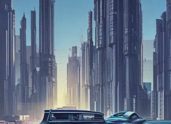 Image similar to a car driving down a street next to tall buildings the night at 2 pm, cyberpunk art by Chesley Bonestell, cgsociety, retrofuturism, matte painting, reimagined by industrial light and magic