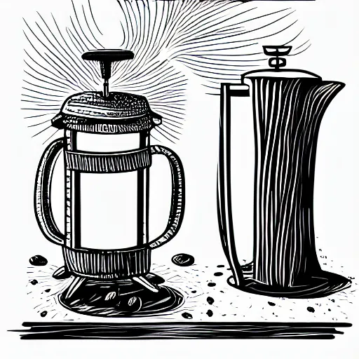 Image similar to french press, coffee, hand drawn, illustration, engraved vector, by alexanderpokusay