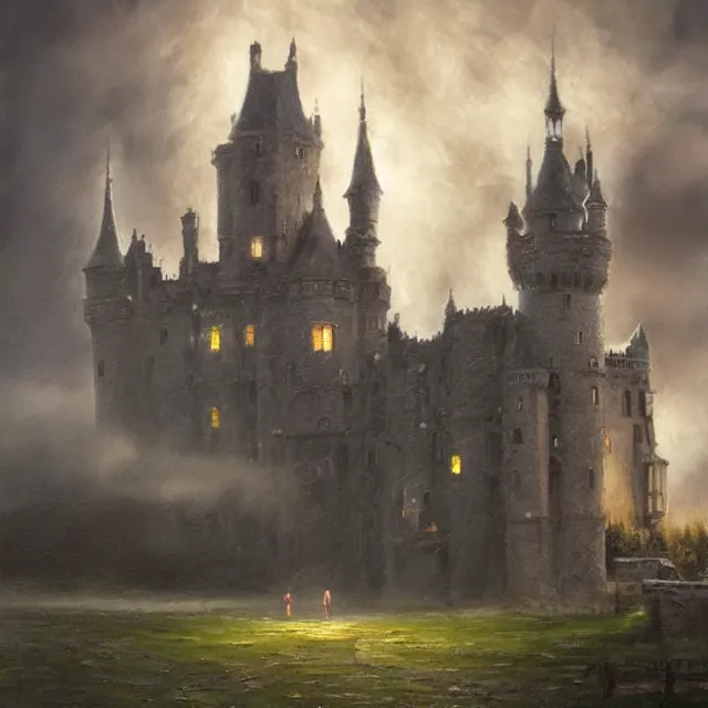 Image similar to high detail, well maintained castle with moody lighting, far away - shot from the front gate courtyard with lightning in the background, oil painting in the style of seb mckinnon