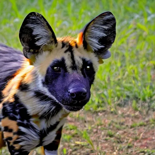 Prompt: Look at this african painted dog with his huge radar ears- positively fluffsome all around and no doubt prone to rambunctiousness. I suspect he is to be engaged in mischief soon.