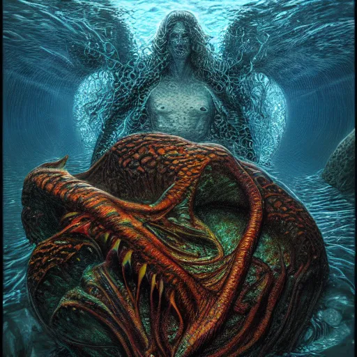 Prompt: photorealistic cryptid aquatic beast in the style of michael whelan and gustave dore. hyperdetailed photorealism, 1 0 8 megapixels, amazing depth, glowing rich colors, powerful imagery, psychedelic overtones, 3 d finalrender, 3 d shading, cinematic lighting, artstation concept art